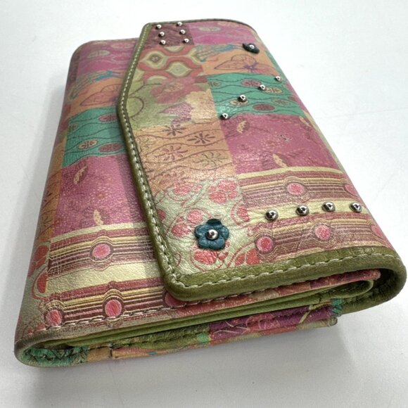 Vintage Fossil Leather Wallet Patchwork Studded Trifold Zip Snap Checkbook Cards - Picture 8 of 14